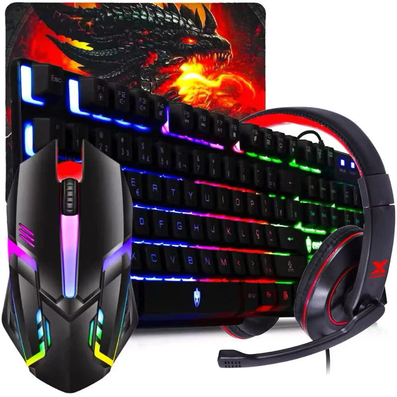 Kit Gamer Teclado Semi Mecanico RGB Mouse Optico 1600dpi Headset Com Microfone